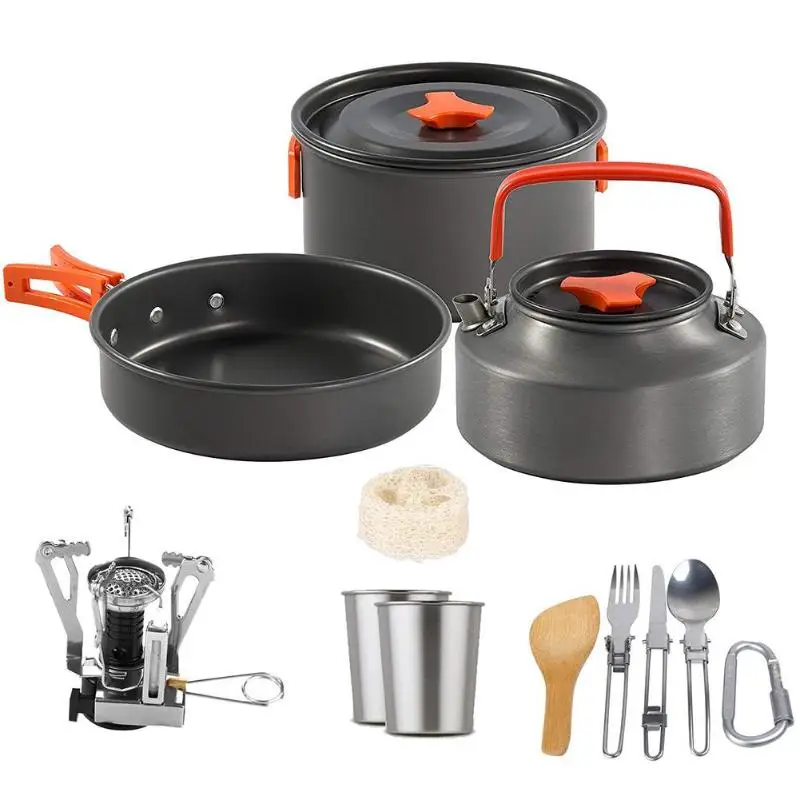 

1set Outdoor Pots Pans Camping Cookware Picnic Cooking Set Non-stick Tableware with Stove Spoon Fork Knife Kettle for 2-3 Person