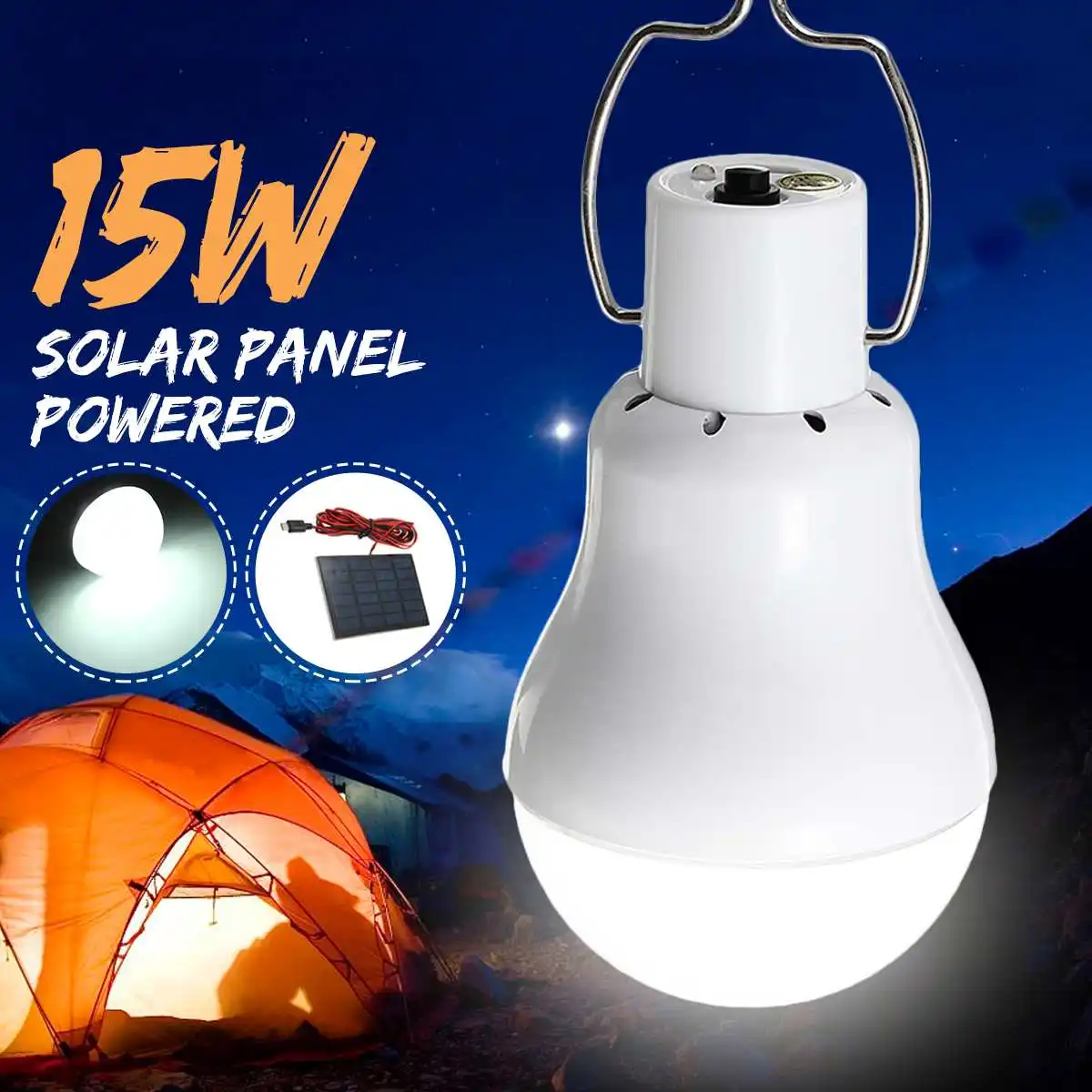 

15W Solar Panel Powered LED Solar Light Bulb Portable Outdoor Lighting Camping Hiking Tent Fishing Lamp