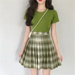 Harajuku зеленый клетчатая юбка в складку авокадо Kawaii Мини Япония High School Высокая талия юбка для девочек Chic с Топы корректирующие 2 шт. комплект