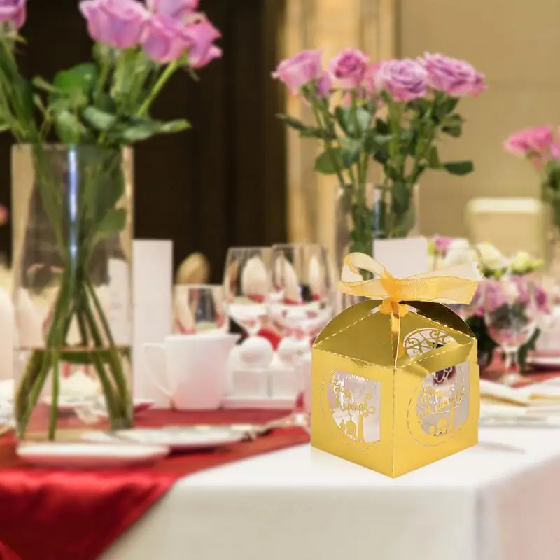 

50pcs Eid Wedding Candy Box Gift Box golden Package Wedding Party Favor Candy Bags Baby Shower with Ribbon p40