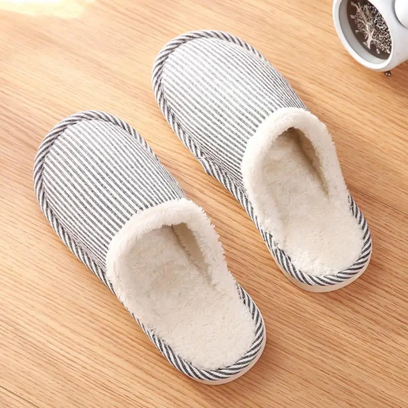 

New Unisex Casual Slipper Soft Fashion Warm Cotton Stripe Couples Non-Slip Plush Slipper For Home