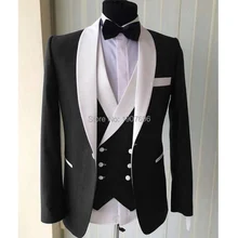 Black Wedding Men Suits for Groom Tuxedos White Shawl Lapel Three Piece Jacket Waistcoat Pants Double Breasted Vest Custom Black Wedding Men Suits for Groom Tuxedos White Shawl Lapel Three Piece Jacket Waistcoat Pants Double Breasted Vest Custom