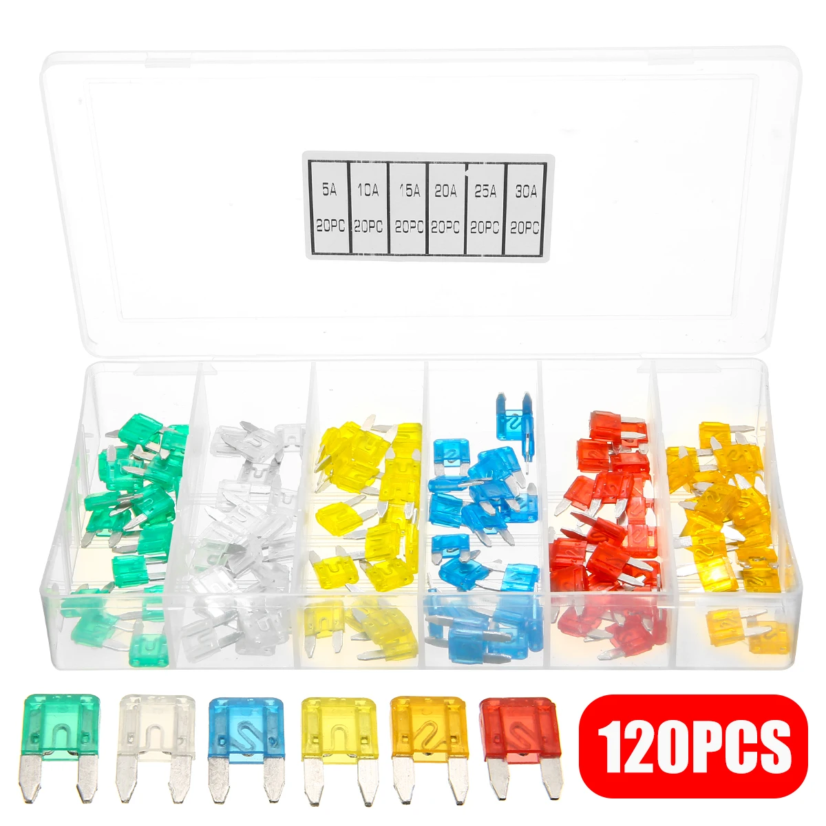 

120pcs/kit 11mm 5A/10A/15A/20A/25A/30A Mini Automotive Blade Fuses Assortment Set Car Flat Fuses Kit For Auto Car Truck