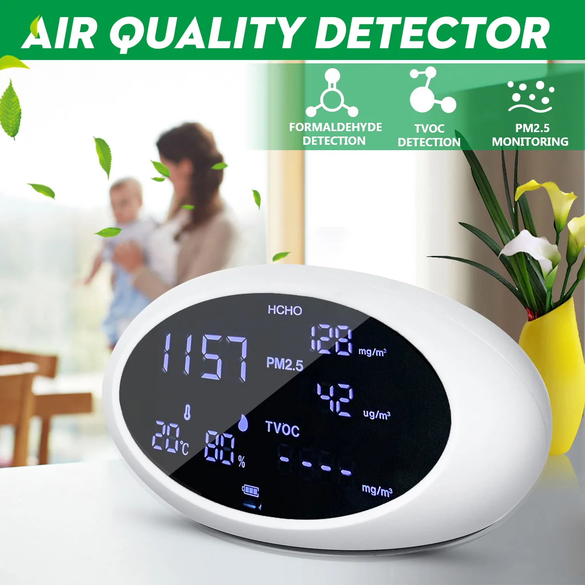 

Air Quality Monitor PM2.5 Detector Gas Analyzer Alarm Formaldehyde Meter HCHO TVOC Tester Temperature Humidity Sensor Rechargeab