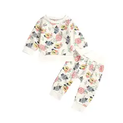 Осенний хлопковый теплый свитшот с цветочным принтом, леггинсы с длинными рукавами, штаны для новорожденных, одежда для маленьких девочек