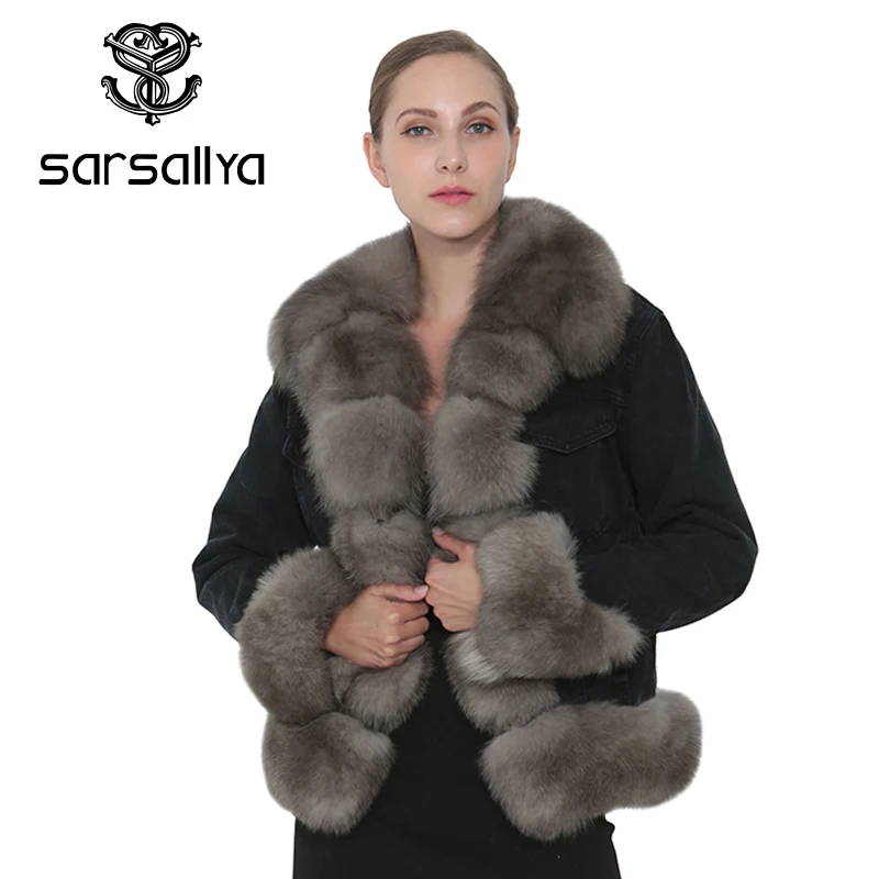 SARSALLYA натуральным лисьим мехом джинсовая куртка Модные женские туфли пальто