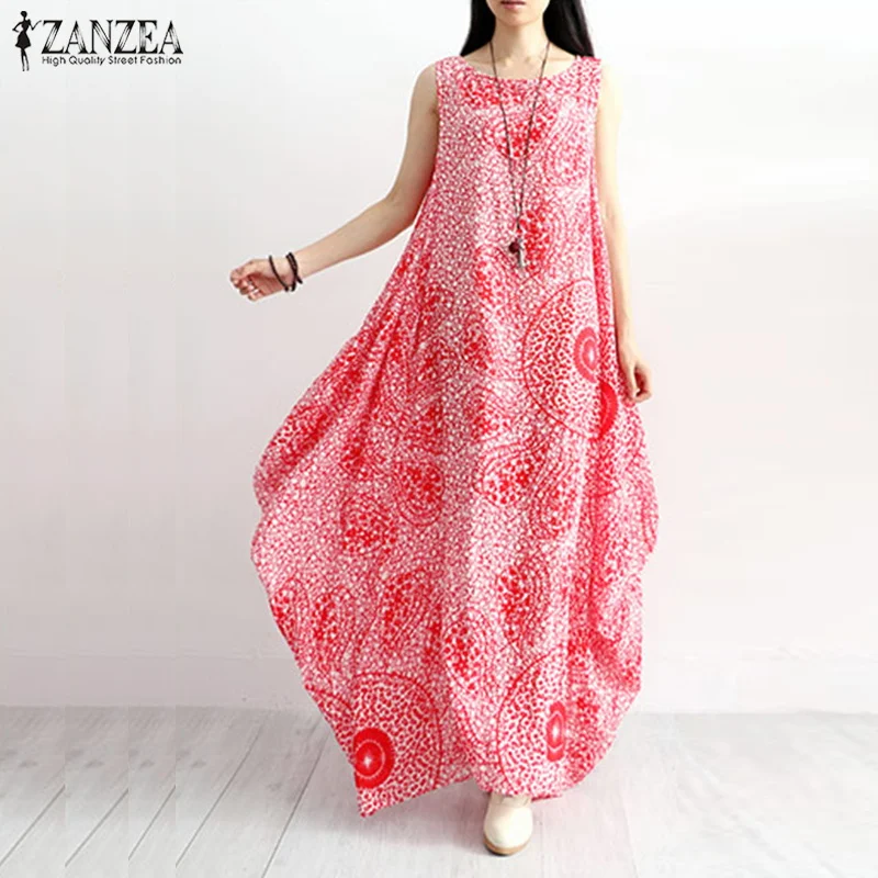 ZANZEA, женское летнее длинное платье макси без рукавов, повседневное свободное платье с цветочным принтом, платье-кафтан, хлопковое льняное платье