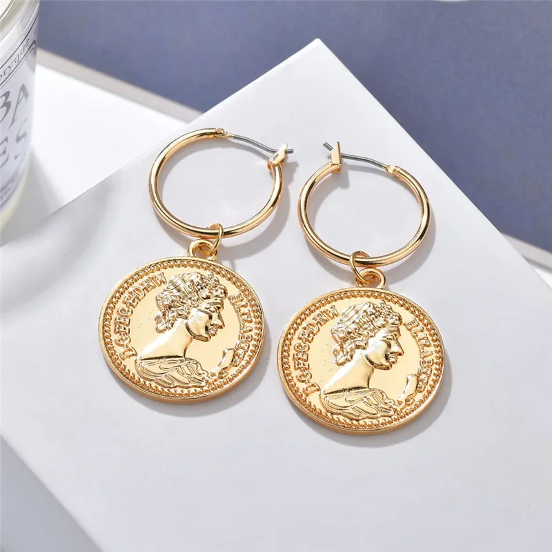 

Simple Fancy Vintage Gold Color Metal Knot Geometric Round Lucky Queen Head Coin Long Drop Earrings For Women Girl Jewelry