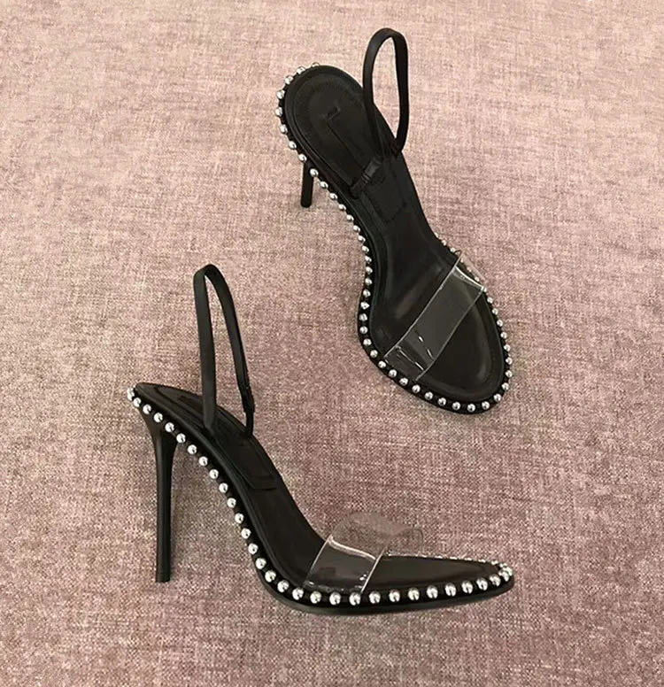 

2018 Hot Summer Shoes Woman Sandals High Thin Heels Sexy Rivet Design Transparent Punk Concise Sandals Party Pub Shoes Woman