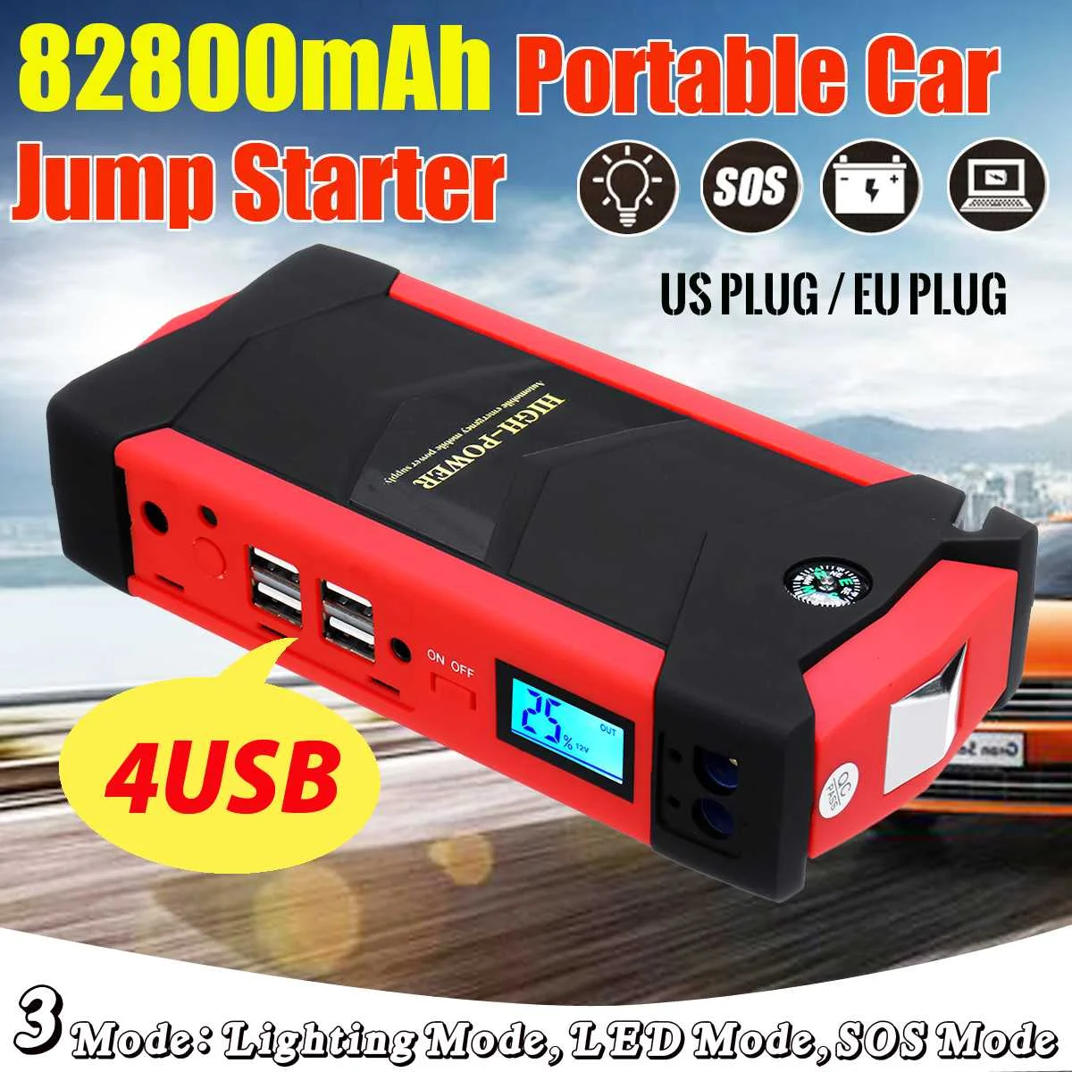 

Portable 82800mAh 4USB 12V 600A LED Car Jump Starter Emergency Charger Battery Power Bank Car Booster Starting Device
