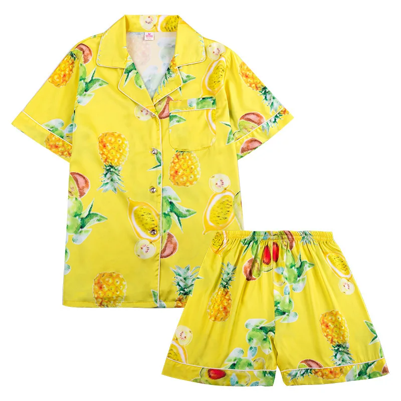 

pyjamas women Silk-like Pajamas Ms. Pineapple Short Sleeve Shorts Two-Piece Set Home Service Pajama robe suit