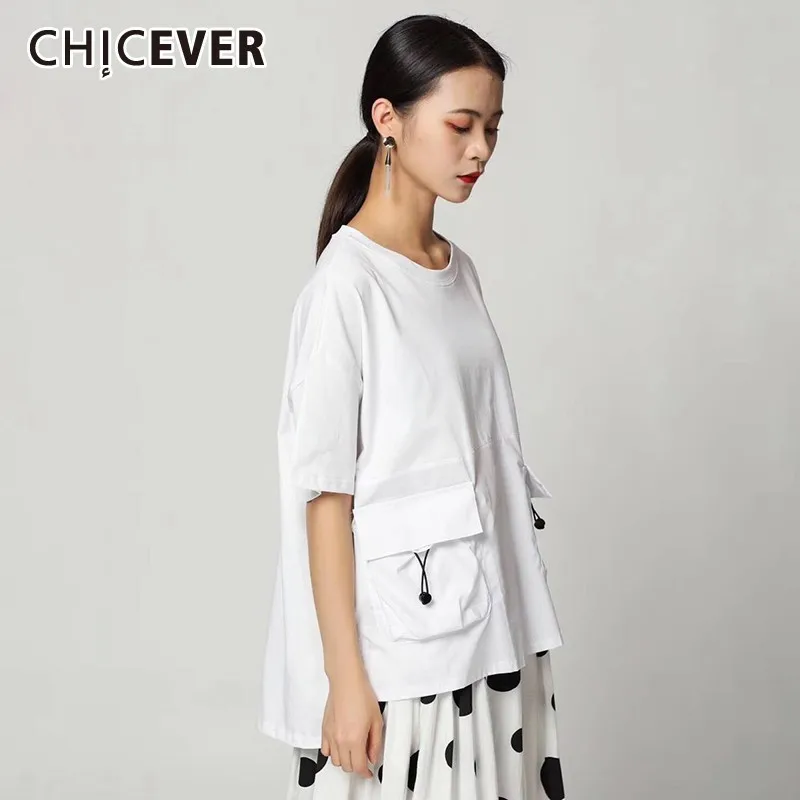 

CHICEVER Summer Casual Women T-shirt O Neck Short Sleeve Patchwork Pockets Loose Oversize Female T-shirts 2019 Fashion New