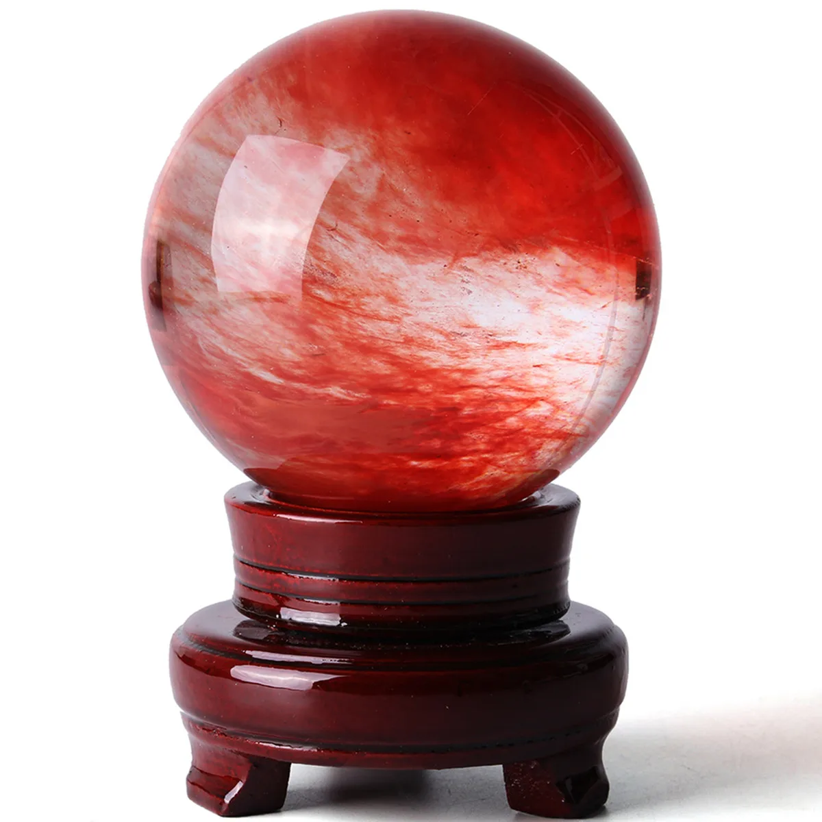 

10cm Red Quartz Crystal Ball Healing Stone Gemstone Feng Shui Decorative Ball Home Office Craft Ornament With Wood Holder New