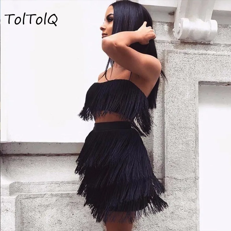 

Two Piece Set Strap Backless Tassel Women Christmas Sexy Short Winter Dress Elegant Two-Piece Party set Vestidos De Fiesta