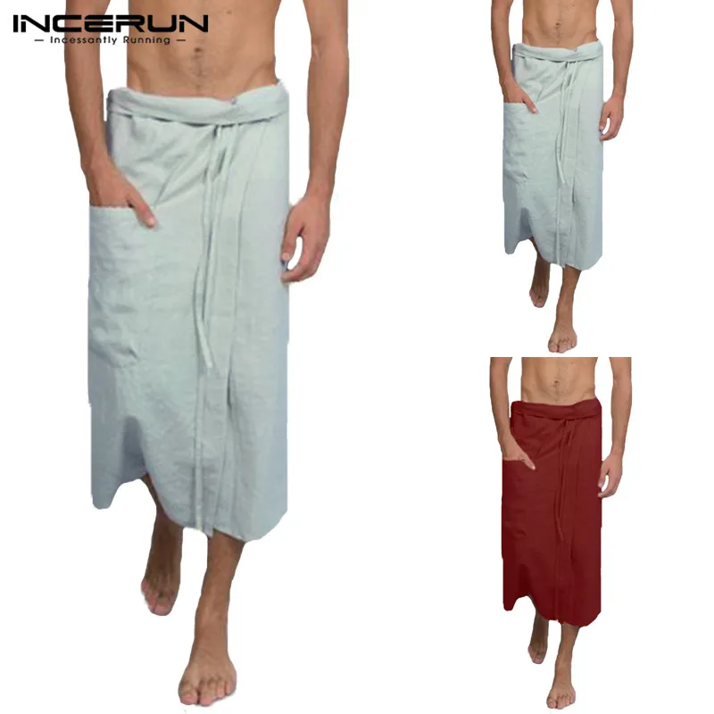 INCERUN Мода хлопок для мужчин халаты халат шнурок сплошной цвет Удобные ванной юбка удобные пляжные Домашняя одежда Hombre 2019