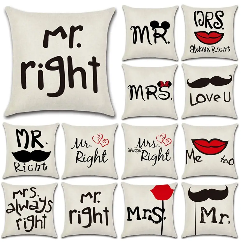 

1PC Flax Lovers Series Mr Mrs Proverbs Letters Printing Pillow Case Cushion Cover Bedding Car Chair Sofa Pillowcase Home Decor