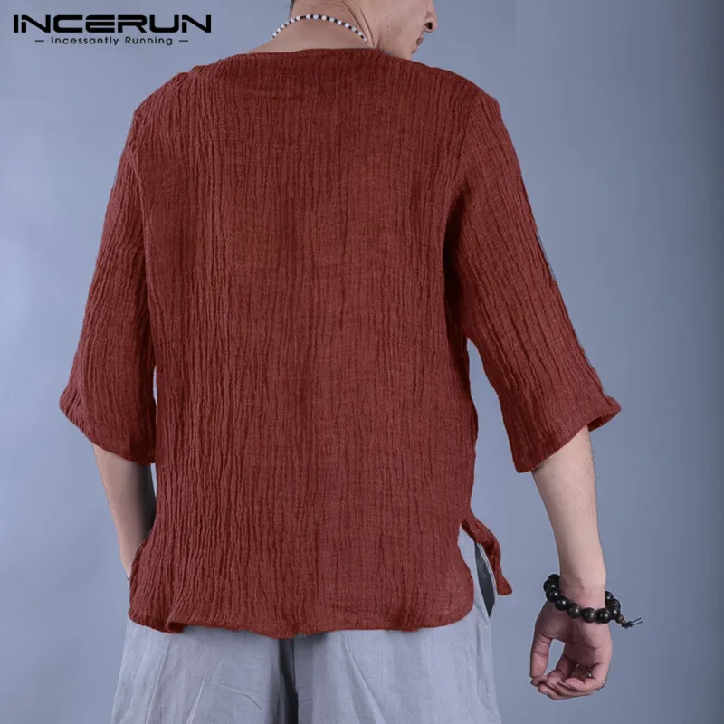  INCERUN 2019 Vintage Men T Shirt 3/4 Sleeve Chinese Style Cotton Male Tee Tops Solid O Neck Leisure
