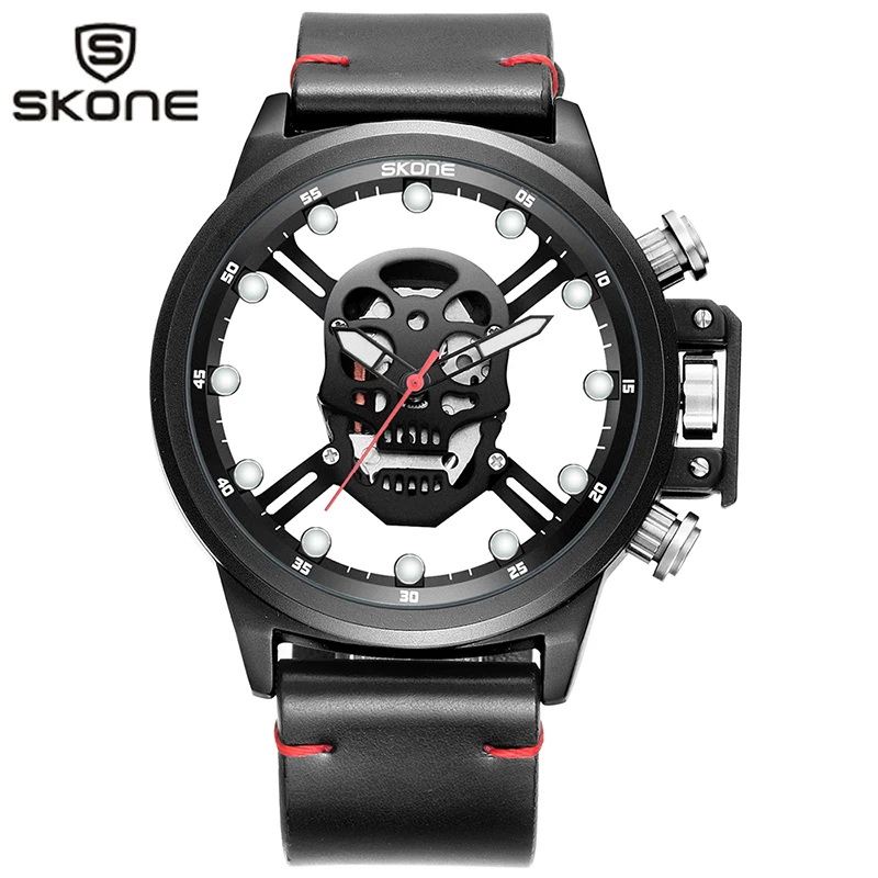 

SKONE Steel Watch Men Hollow Skeleton Waterproof Leather WristWatches Luxury Military Sport Man Clock New Quartz Montre Homme