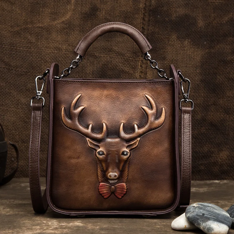 Натуральная кожа для женщин Топ Ручка Crossbody сумка ретро олень узор Винтаж Tote