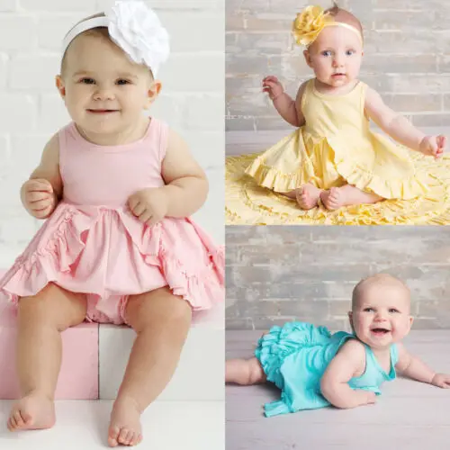

Toddler Newborn Baby Girls Layers Sleeveless Solid Dress Bodysuit Jumpsuit Outfits Set Cotton Casual Clothes