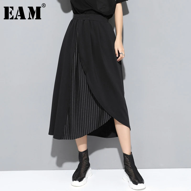 

[EAM] 2019 New Spring Summer High Elastic Waist Black Irregular Striped Split Joint Half-body Skirt Women Fashion Tide JS877
