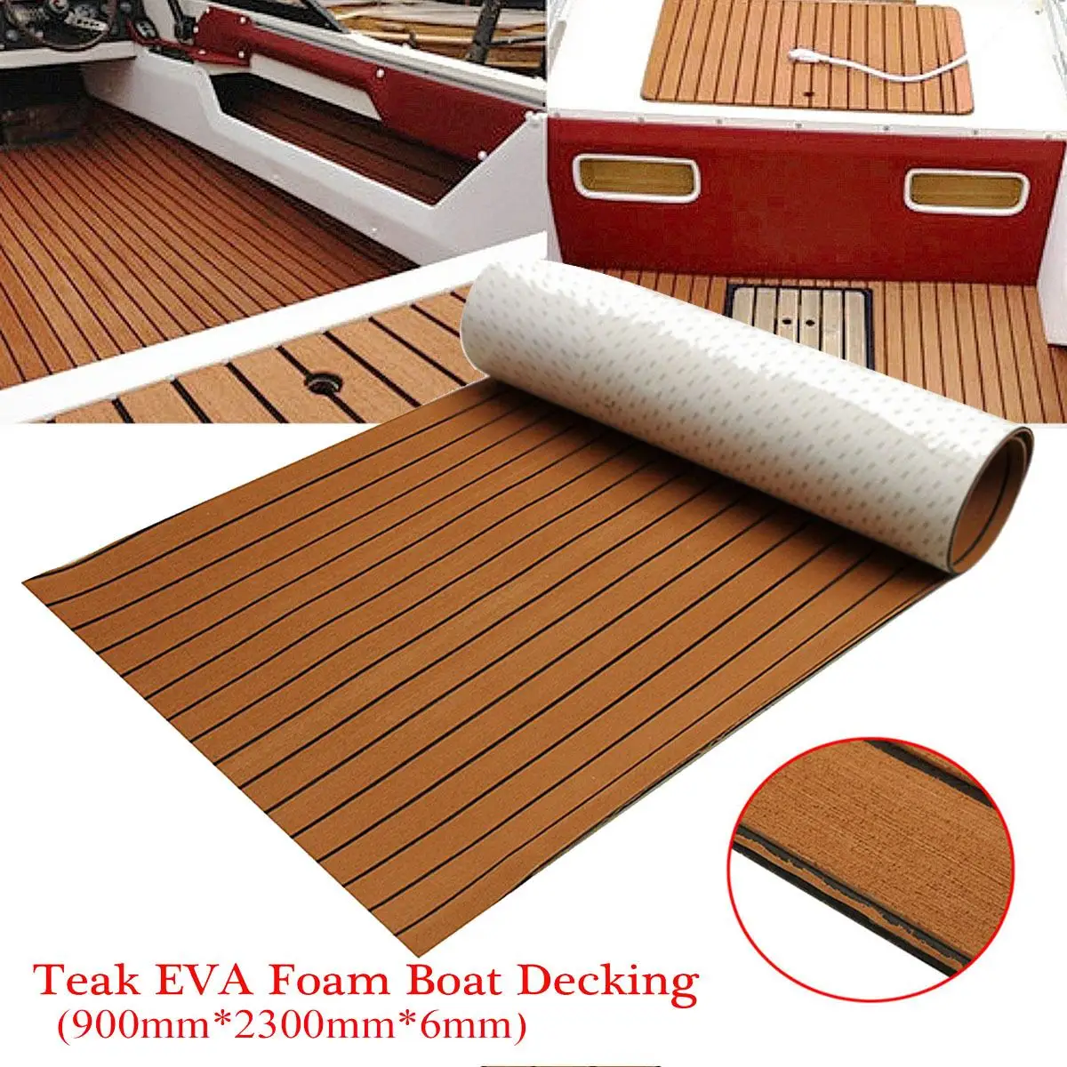 Self Adhesive 900x2300x6mm EVA Foam Teak Brown With Black Line Faux