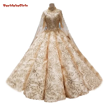 

High Quality Gorgerous Waves Gold Muslim Embroidery High Neck Cape Lace Full Beading Top Wedding Dress With Long Cape Bing Bing
