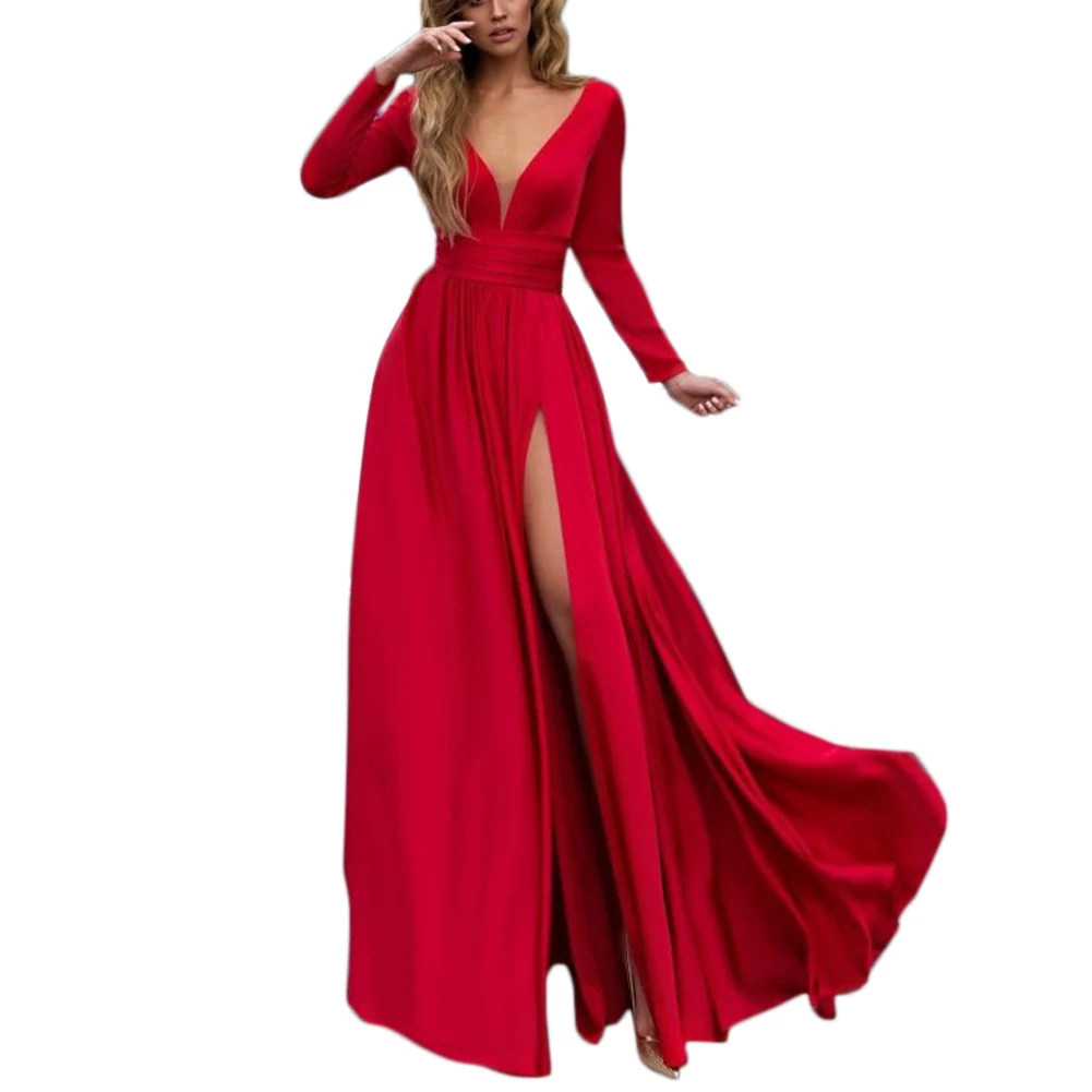 

YJSFG HOUSE Plus Womens Floor-Length Dress Elegant V Neck Long Sleeve Ladies Maxi Dress Split Evening Sexy Party Red Dresses