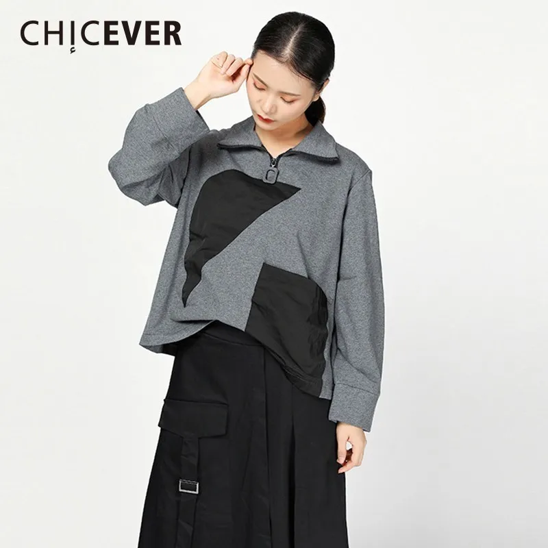 CHICEVER лоскутный Топ Женская футболка со стоячим воротником с длинным рукавом хит цветов Свободные женские футболки Осенняя модная повседневная одежда