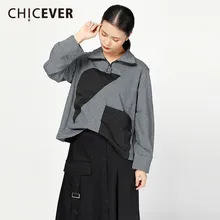 CHICEVER лоскутный Топ Женская футболка со стоячим воротником с длинным рукавом хит цветов Свободные женские футболки Осенняя модная повседневная одежда