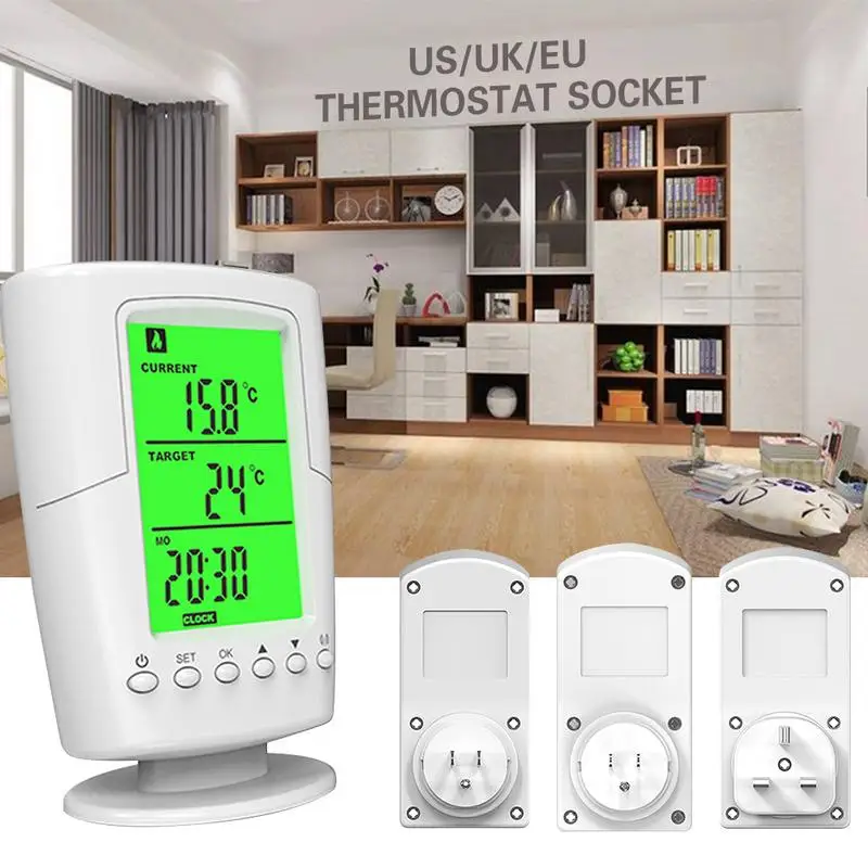 

TS-2000 Digital Programmable Wireless Thermostat Socket White LCD Home Intelligent Temperature Control Socket EU/US/UK Plug