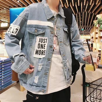 

Spring New Denim Jacket Men Fashion Letter Print Washed Solid Color Casual Denim Jacket Man Streetwear Hip Hop Bomber Jacket