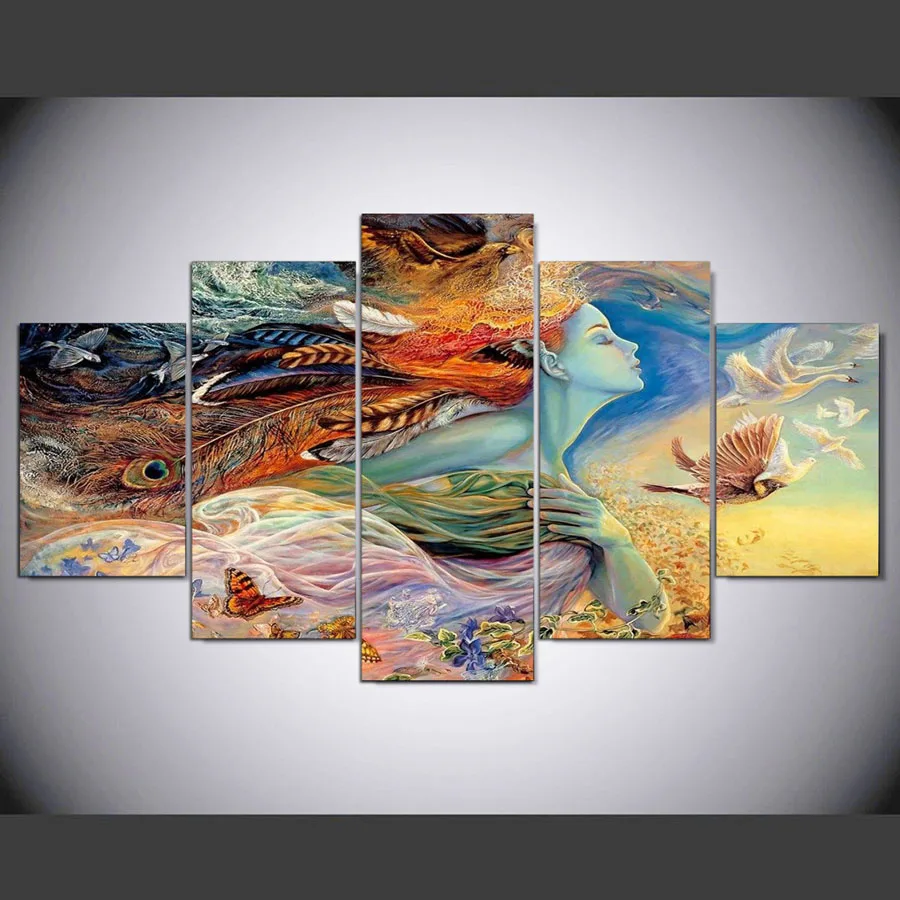 

Wall Art Canvas HD Print Poster Modern Feather Pictures 5 Pieces Abstract Indian Girl Painting Home Decor For Living Room .