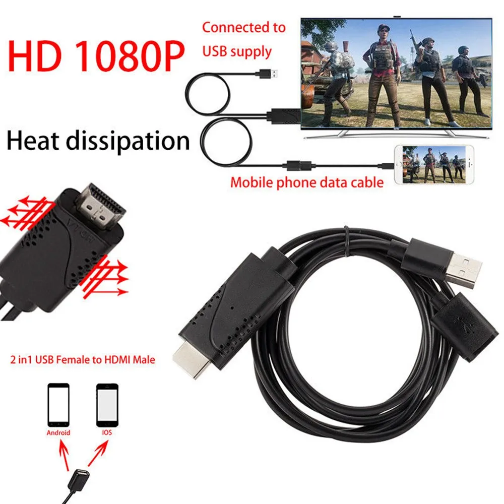 Цифровой AV ТВ кабель 1080P HDMI к USB Женский/мужской адаптер охлаждающее отверстие для HD tv подключение зеркального литья к iOS Android телефонный провод