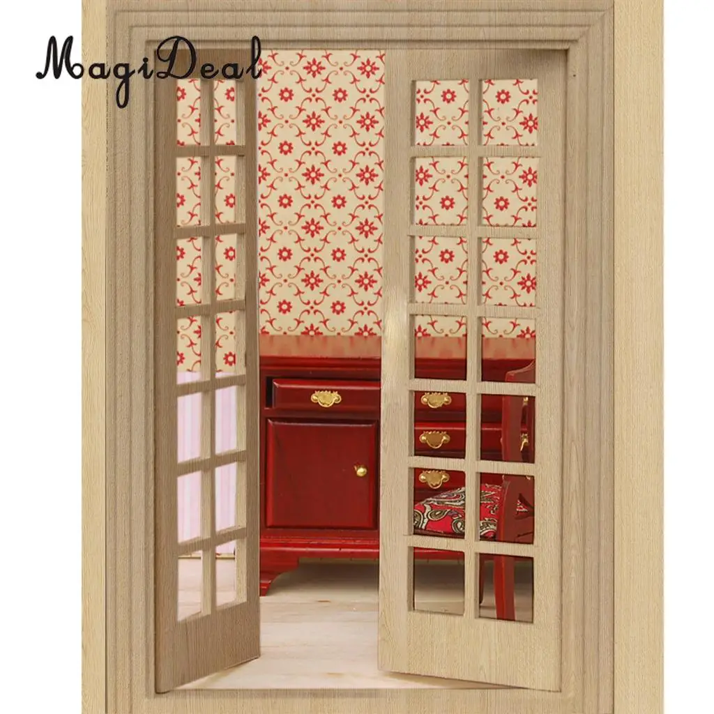 1/12 Dollhouse Miniature Exterior Wooden Door 28 Panel Wooden Color for Dolls House Bedroom Furniture Acc Kids Pretend Play Toy