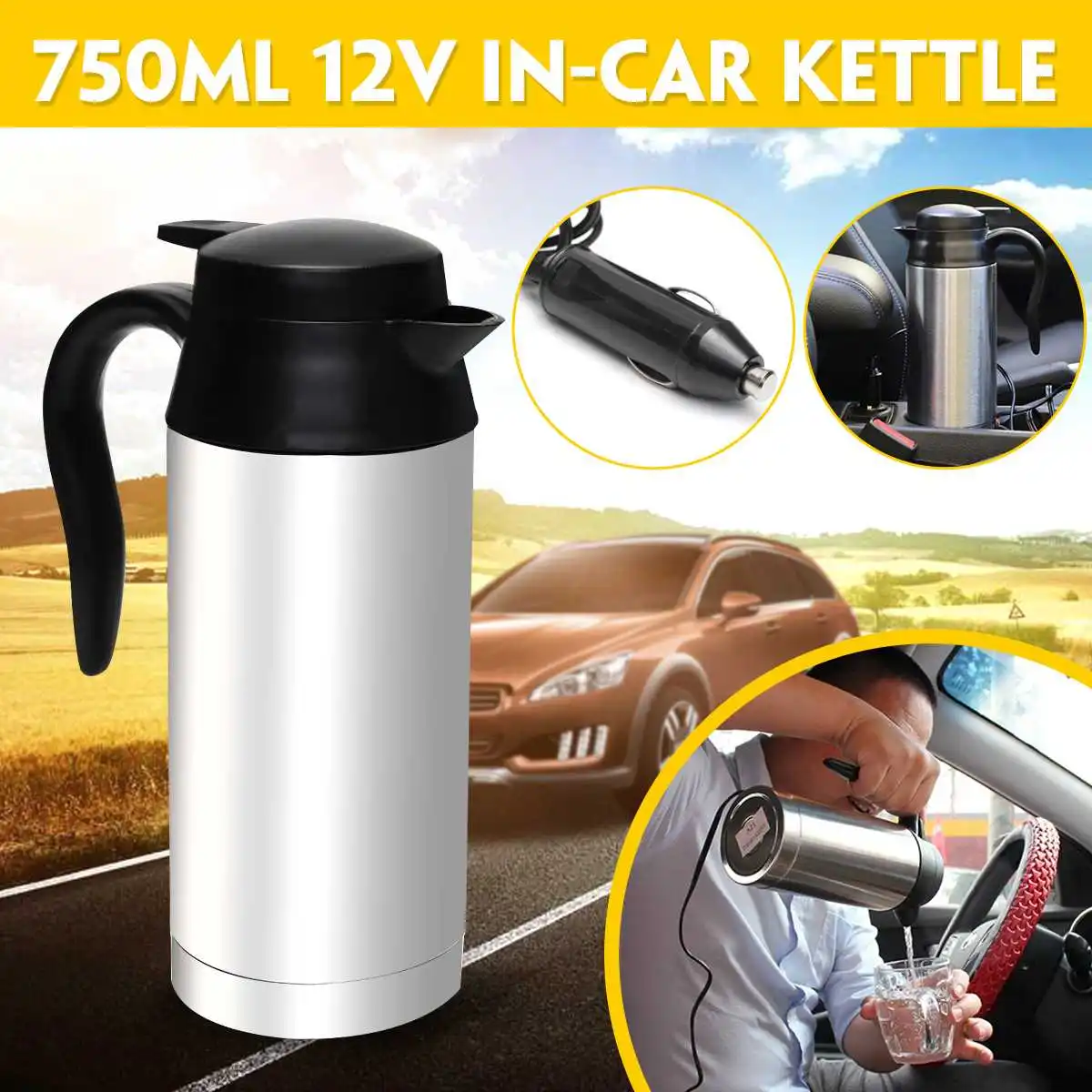 

KROAK Stainless Steel Cup Kettle 750ml 12V Car Based Heating Travel Trip Coffee Tea Heated Mug Motor Hot Water For Car/Truck Use