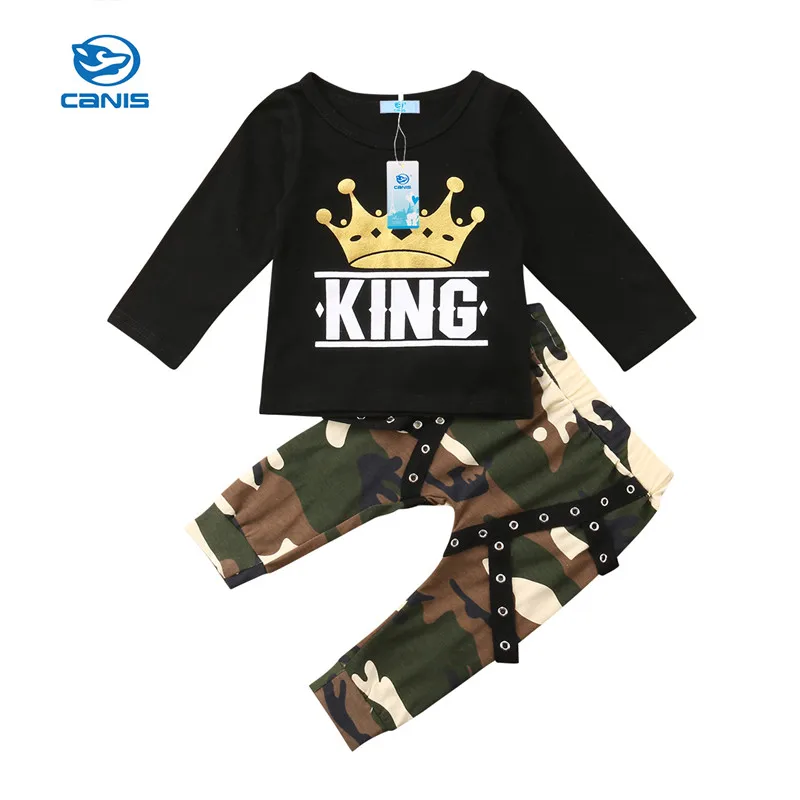 

CANIS 2019 New 2 pieces Kid Short sleeve King Print T shirt Top and Camouflage Pants Set For Toddler and Baby Boys Clothes