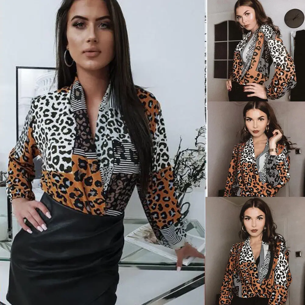 

Leopard Print Blouse Women Long Sleeve Deep V Neck Grain Womens Tops And Blouses Tee Loose Fit Fashion Tops Sexy Shirt S M L XL