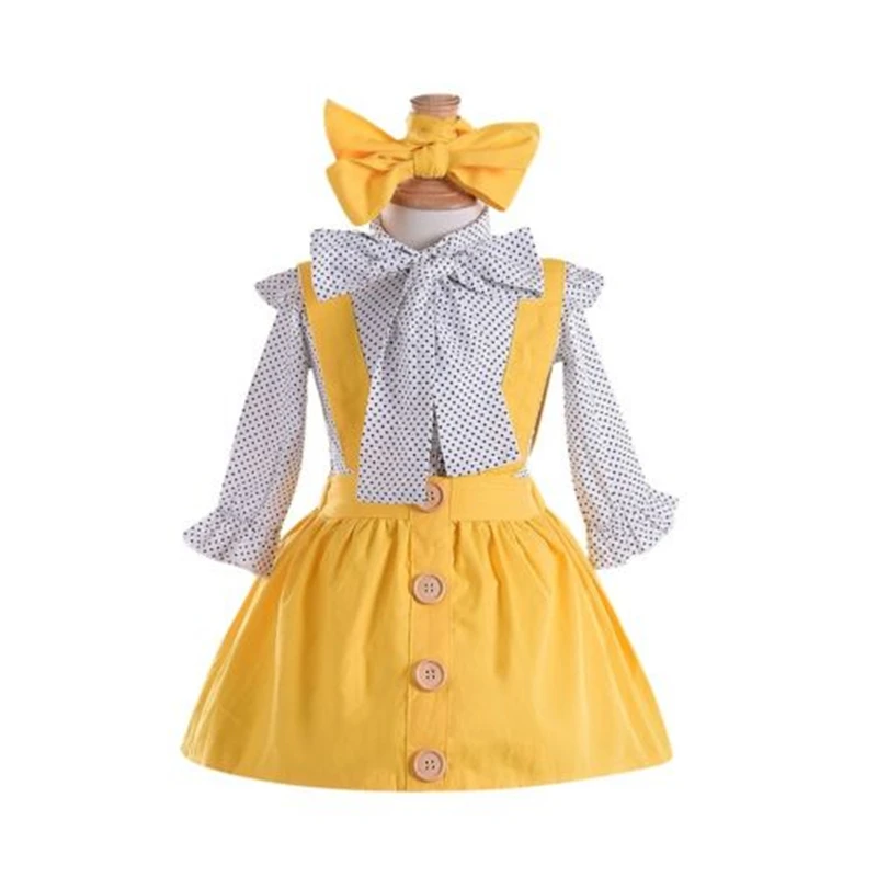 

CANIS 2019 New 3PCS Set Princess Girls Polka Dot Bowknot Blouse Tops Button Suspender Skirt Overall Headband Kids Girl Clothing