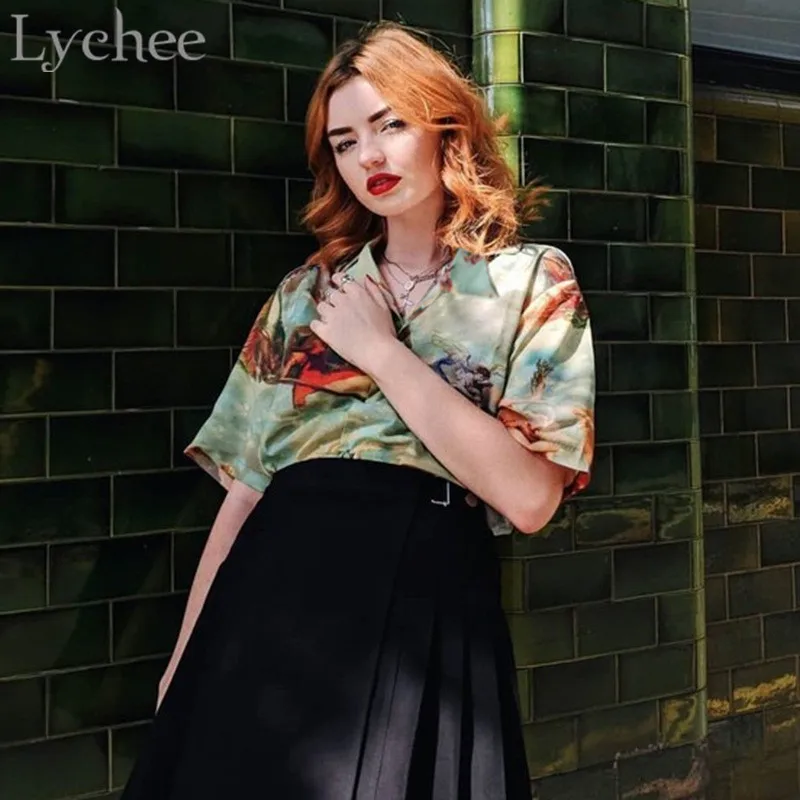 Lychee винтаж угол печати женские блузки с отложным воротником свободные лето весна короткий рукав женская блузка рубашка