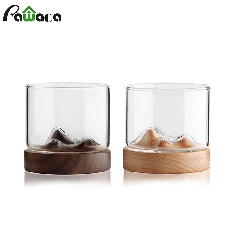 Mountain Whiskey Glass With Wooden Base Rocks Beer Glass Wine Cup Irish Bourbon Scotch Whiskey Glasses Set Bar Hotel Drinkware