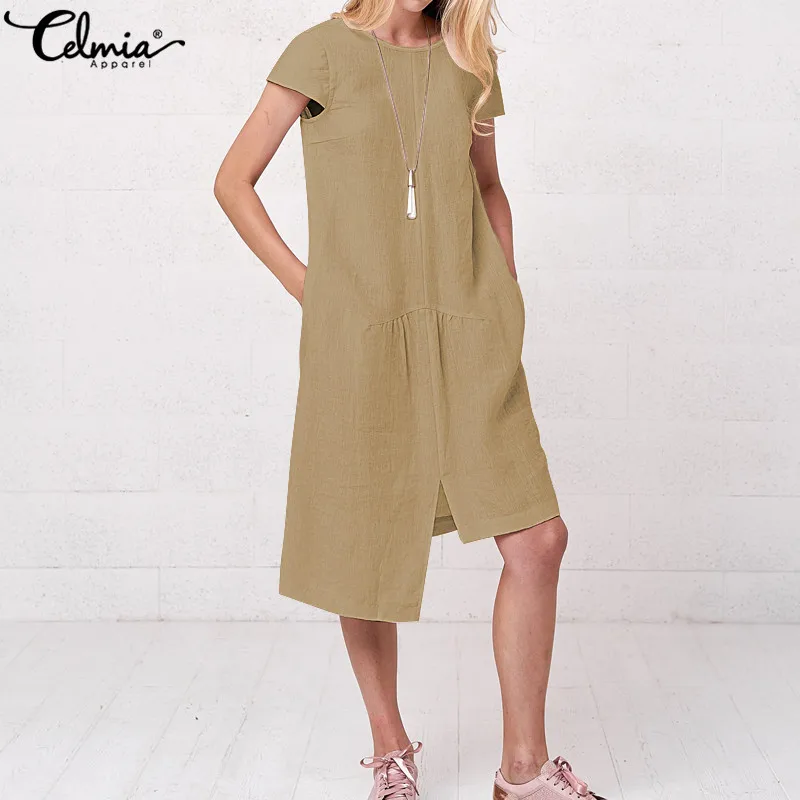 

Celmia Summer Vintage Mid-calf Dress Women Short Sleeve Irregular Hem Long Shirt Dress Loose Linen Vestidos Mujer 2019 Plus Size
