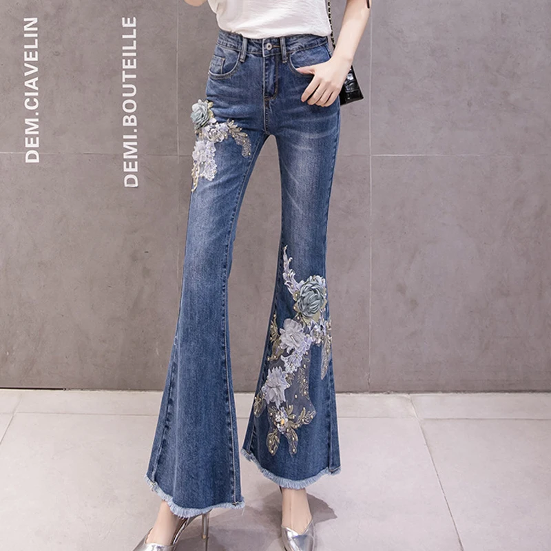 Large Size High Waisted Flare Jeans For Women Bell Bottom Jeans With Beads Stretch Wide Leg Jeans Woman Lace Denim Pants