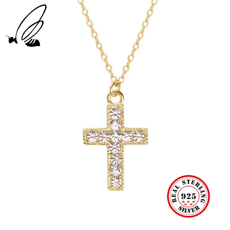 

Pure 925 Sterling Silver Cross Pendant Necklaces For Women Men Golden Women Micro Zircon Necklace Christian Gift Adjustable