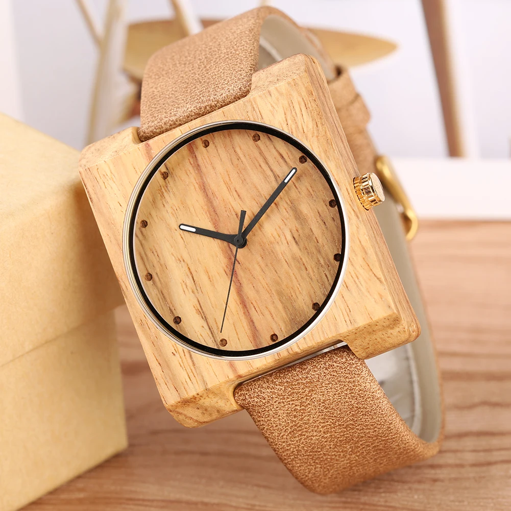 Wooden Watches Lightweight Bamboo Wristwatch Browm Leather Band Square