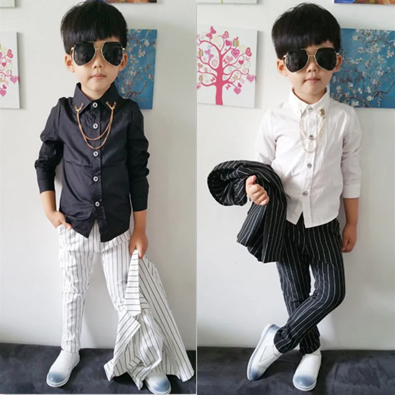 

2019 new fashion baby kids shirts with metal collar chain Solid 100% cotton children long-sleeve intimate shirts for boys