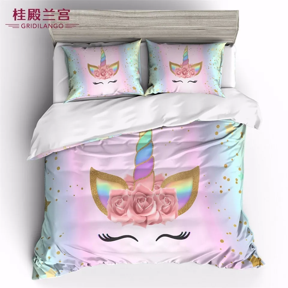 

Cute Colorful Unicorn Bedding Set Cartoon Birthday Party Unicorn Duvet Cover Pillow Case Kids Girls For Gift Home Textile 3PCS