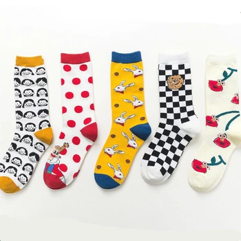 

PEONFLY Cute Cartoon Happy Socks Women Lovely Rabbit Printed Casual Comfortable Socks Cherry Plaid Kawaii Motion Socks Femme