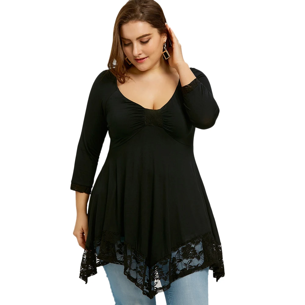 

ROSE GAL Female T-Shirt Plus Size Spring Lace Trim Empire Waist Handkerchief TShirt Women Female Top Tee Long Tunic Sexy T Shirt