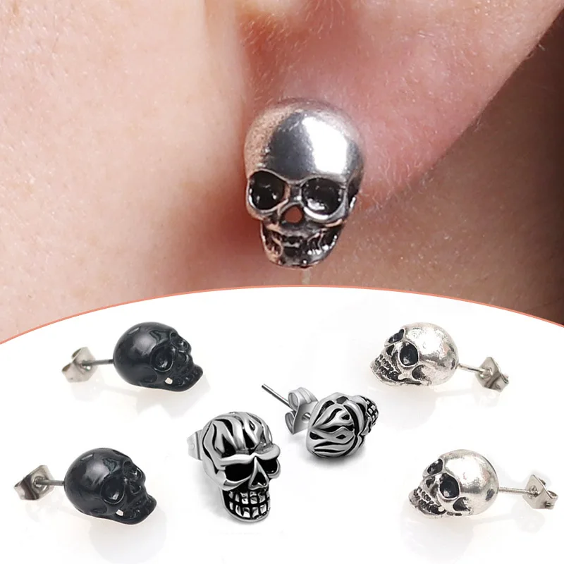

Wedding Cool For Men Boys Gifts Fashion Jewelry Silver Valentines Gift 1Pair Punk Stud Earrings Black Girls Unique Skull